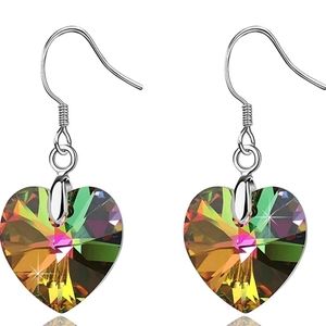 Austrian Crystal Heart Dangle Earrings Hook S925 Sterling Silver, Hypoallergenic